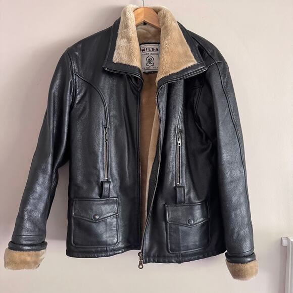 Vintage Wilda Genuine Leather Shearling Lined Black Flight Bomber Jacket Small - Picture 8 of 9